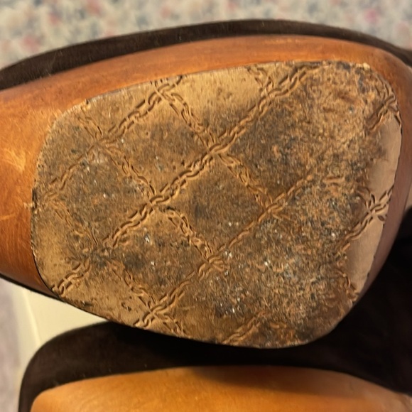 L.A.M.B. Dark Brown Suede and Leather High Stiletto Heel Platform Booties, 8 - Picture 11 of 13